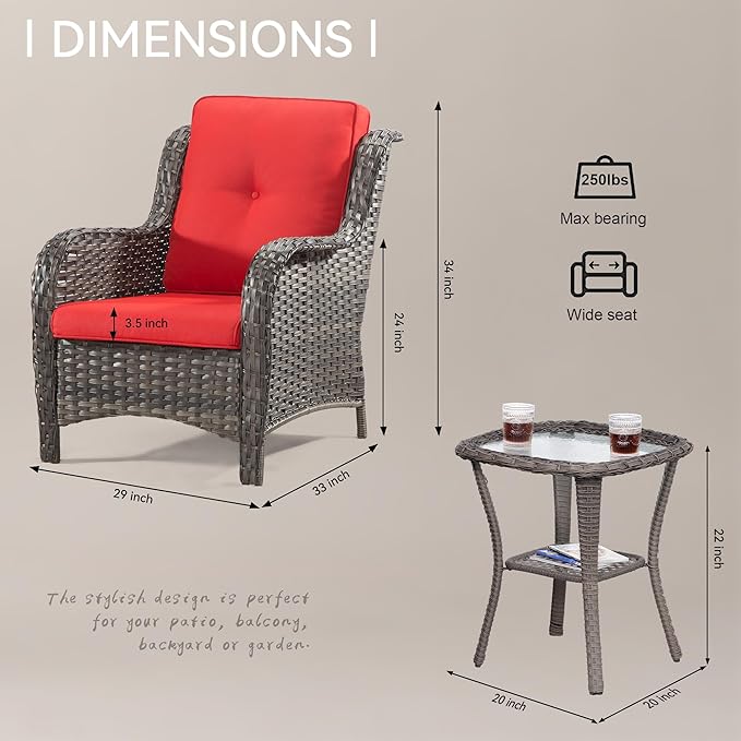 Wicker Chair Set 3-Piece Wicker Outdoor Furniture Conversational Sets with Two Armchairs & One Rattan Side Table, Olefin Cushions Included, Red