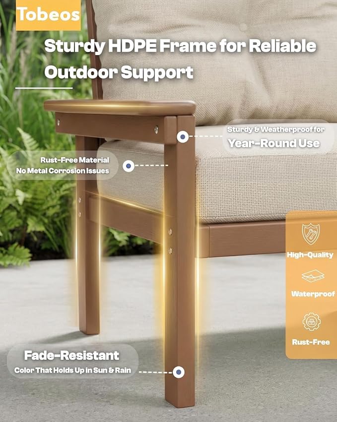 HDPE 3 Piece Patio Furniture Set, All-Weather Outdoor Couch Bistro Set with Thick Cushions & Side Table, Patio Conversation Sets for Lawn, Porch, Garden, Balcony, Deck, Poolside, Teak & Beige
