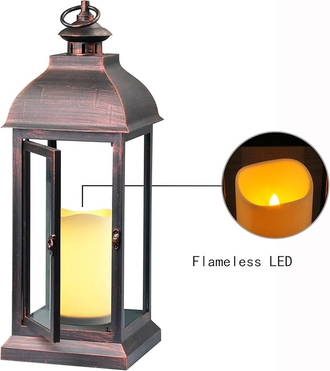 Decorative Lantern with flameless LED Candle Light, Outdoor/Indoor LED Lantern, The Door-Open H16 Decorative Lantern,Timer Candle，Plastic with Bronze Undertones.USE 2C Battery(not Include)