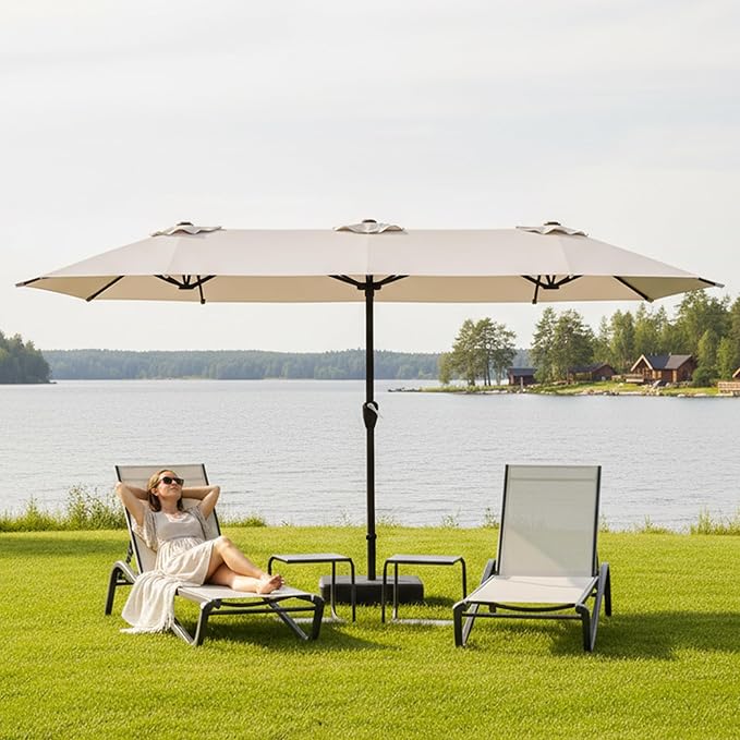15FT Large Patio Umbrella with Base, Double Sided Rectangular Outdoor Umbrella with Sturdy Fiberglass Ribs, UPF 50+ Sun Protection, Wind-Resistant, Waterproof Fade-Resistant Fabric for Pool, Garden, Backyard, Deck(Creamy-white)