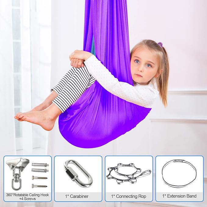 Therapy Swing Hammock Kids Cuddle Sensory Swing Indoor Therapeutic Hammock 360° Rotating Double Layer Elastic Rocking Cloth Swing Gifts for Children with ADHD SPD Asperger Autism (Purple+Sky Blue)
