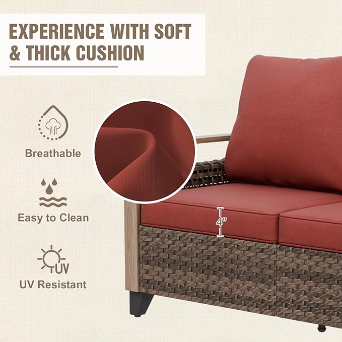 Modern Wicker Patio Furniture Set, Rattan Outdoor Conversation Set with Comfortable Cushions, 3 Seat Couch and 2 Ottomans, 3 Pieces, Brown/Red