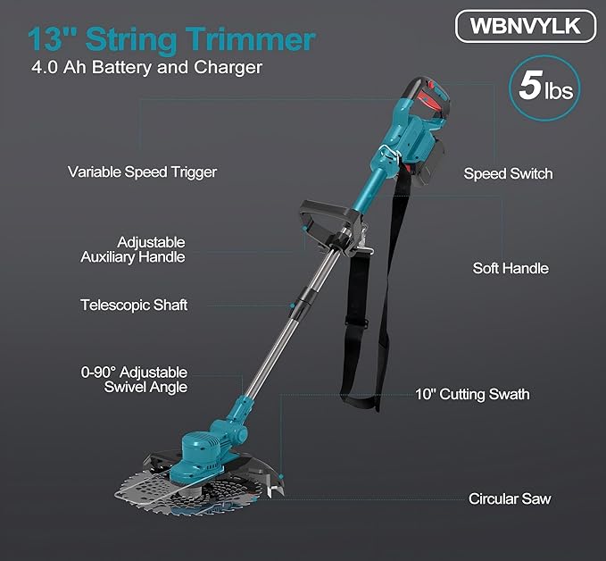 Electric Weed Wacker Cordless, Battery Powered Weed Eater String Battery, 21V Electric Weed Eater, for Lawn, Bush Trimming(with 2 x 4.0Ah Batteries and Fast Charger Included) (Blue)