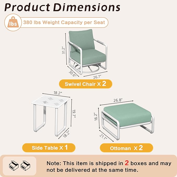 5-Piece Aluminum Outdoor Swivel Rocker Chair Set, 360° Swivel and Rocking Patio Chairs with 6.5-Inch Thick Cushions and Side Table, All-Weather Conversation Sofa for Backyard, Deck, Porch, Balcony