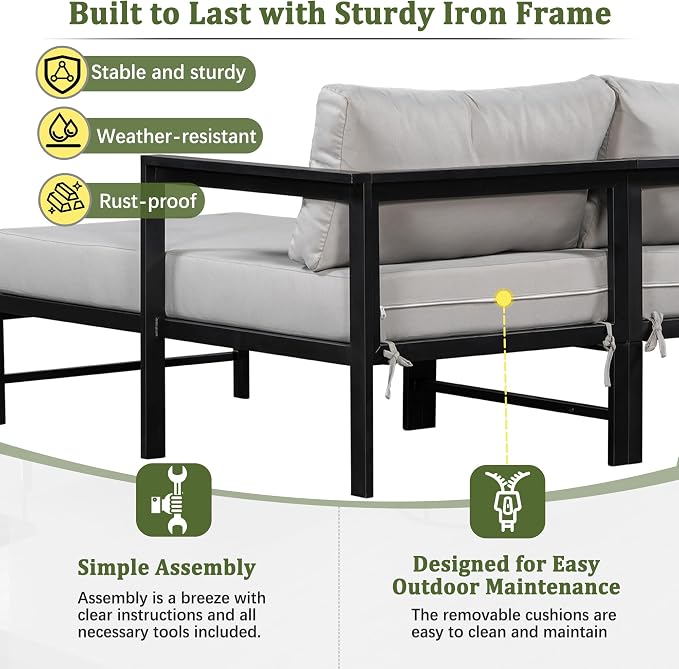 VilroCaz Outdoor L-Shaped Sectional Sofa with 5.9'' Ultra-Thick Cushions, All Weather Patio Conversation Set with Iron Frame for Balcony Garden (Gray-3.24)