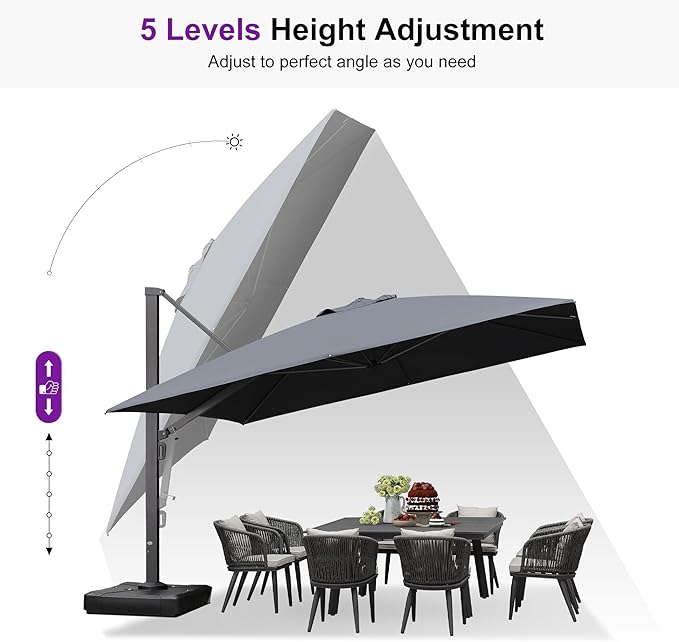 PURPLE LEAF 12 FT Square Outdoor Umbrella with Wheeled Base Large Offset Hanging Patio Cantilever Umbrella Included Base for Garden Deck Backyard Pool Grey