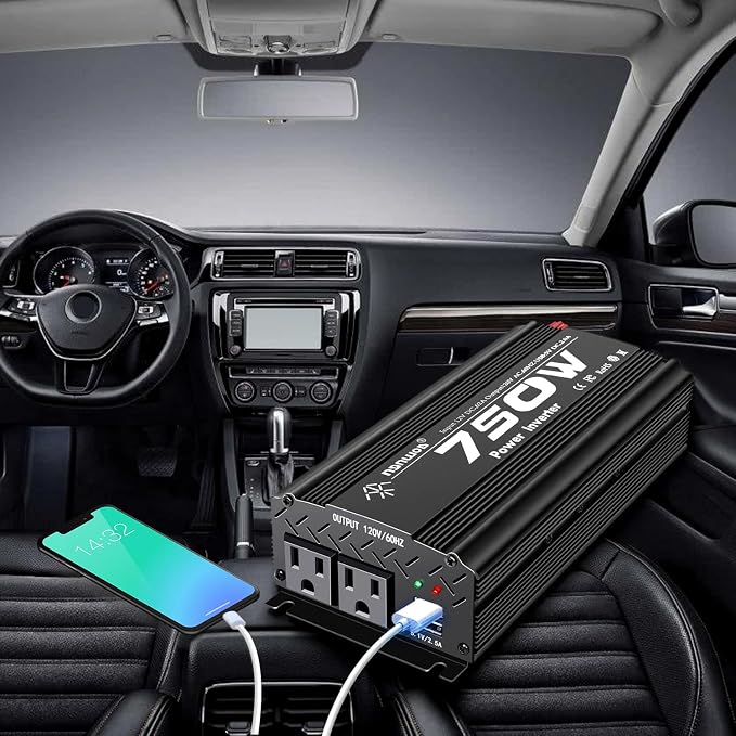 750W Modified Sine Wave Power Inverter DC 12V to AC 110V, Peak 1500 Watt, Car Plug Inverter Adapter Power Converter with 4.2A Dual USB Charging Ports and 2 AC Outlets Car Charger Black