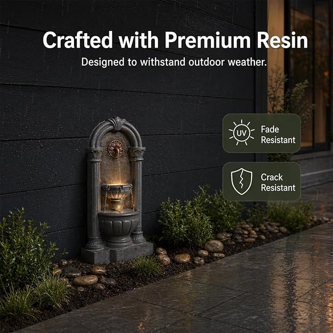 33.36" Outdoor Wall Fountain with LED Lights, Flat Back Water Fountain Outdoor Freestanding, Cascading Waterfall Feature for Patio Backyard Yard Garden Porch Courtyard