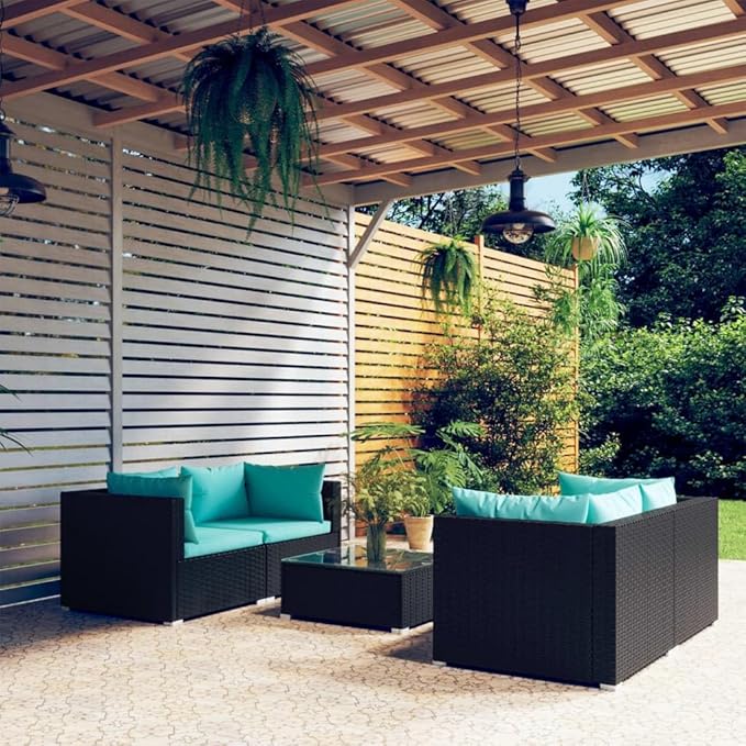 5 Piece Patio Lounge Set with Cushion, Furniture Conversation Sets Piece Patio Set Outdoor Patio Sectional Patio Lounge Set s Poly Rattan Black