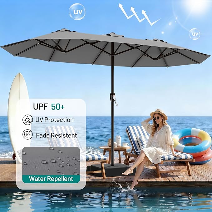 AreShark 15ft Patio Umbrella with Base, Double Sided Outdoor Umbrella with 12 Fiberglass Ribs, Large Outdoor Umbrella for Garden, Pool, Deck, Backyard & Market, Grey