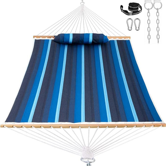 Lazy Daze Hammocks 12 FT Sunbrella Fabric Quilted Hammock Double Sunbrella Quilted Hammock with Spreader Bars & Pillow, All Weather and Fade Resistant for Outdoor, 450 lbs Capacity, Gateway Indigo