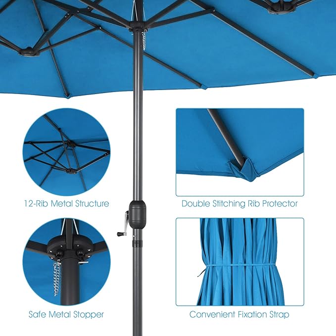 Tangkula 15Ft Double-Sided Patio Umbrella, Outdoor Extra Large Umbrella W/Hand-Crank System & Air Vents, Market Twin Umbrella W/ 12-Rib Sturdy Metal Frame for Poolside, Garden Backyard (Blue)