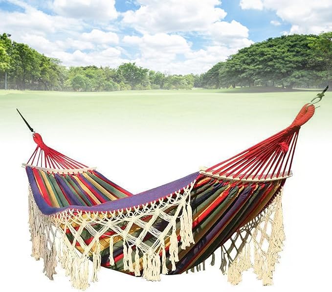 Backyard Hanging Hammock with Tassels, 500lb Load Capacity, Single Double Size 102x59in - Lightweight Foldable Outdoor Cotton - Polyester Blend for Garden, Patio, Camping Relaxat (Red)