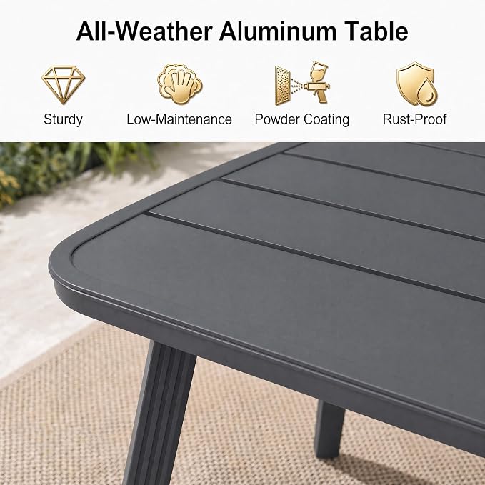 7-Pcs Aluminum Outdoor Dining Set, All-Weather Rattan Patio Furniture Set Include 51.2" Rectangular Table & 6 PE Wicker Chairs with Waterproof Cushions for Family Meals on Balcony Backyard Deck (Grey)