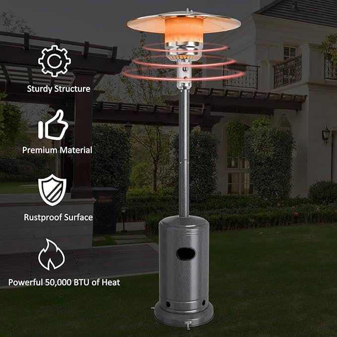COSTWAY Outdoor Patio Heater, 50000 BTU Propane Heater with Stainless Steel Burner and Wheels, Triple Protection System, Standing Portable Outside Heater for Porch, Deck, Home and Commercial, Grey