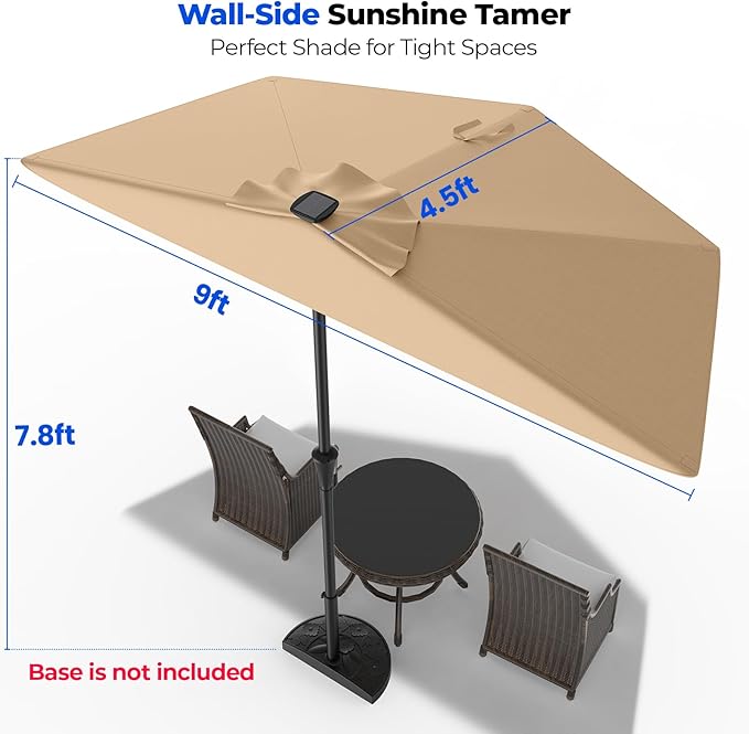 HOMSHADE 9FT Half Patio Umbrella with Solar LED Lights for Outdoor, Waterproof Half Umbrella for Small Spaces, Balcony, Deck(Red)