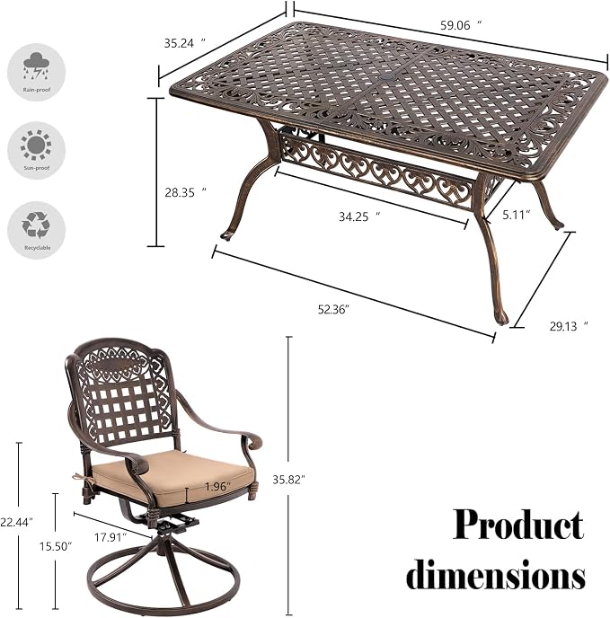 TITIMO 7-Piece Cast Aluminum Patio Dining Set, Outdoor Dining Furniture Patio Conversation Set, Rectangular Table w/Umbrella Hole for Backyard Deck Poolside (Khaki-Swivel Grid Chair, 7 Pcs)