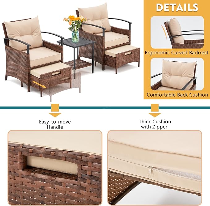 AVAWING 5 Pieces Patio Furniture Set, Outdoor Rattan Chairs with Metal Coffee Table, Ottomans & Soft Cushions, Wicker Conversation Bistro Set for Garden, Deck, Balcony, Poolside(Beige)