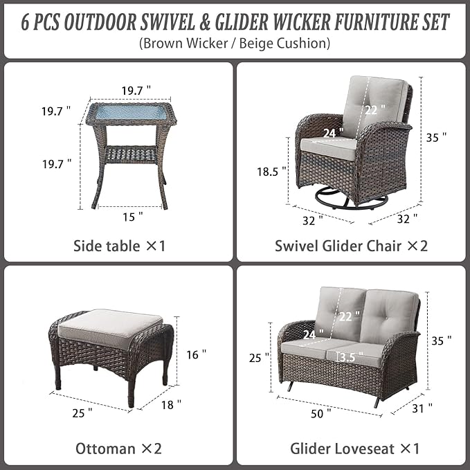 Belord 6 Pieces Wicker Patio Conversation Sets with Outdoor Swivel Rocker Chairs and Loveseat Glider Chair, All-Weather Rattan Furniture Set for Deck Patio Backyard Sunroom Brown