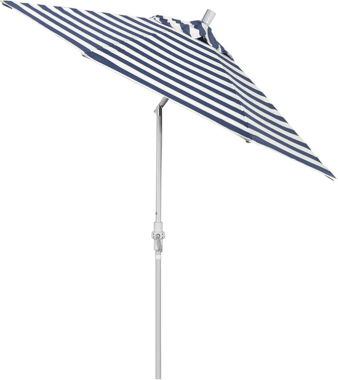 California Umbrella 9' Round Aluminum Pole Fiberglass Rib Patio Umbrella, Crank Lift, Collar Tilt, White Finish, Woven Navy/White Stripe