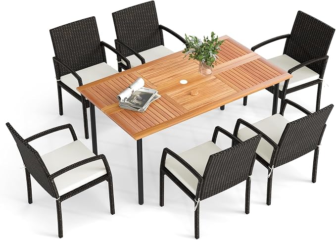 HAPPYGRILL 7-Piece Patio Dining Set Outdoor Rattan Wicker Furniture Set with Umbrella Hole, Steel Frame, Acacia Wood Tabletop & Removable Cushions, for Backyard, Porch, Garden