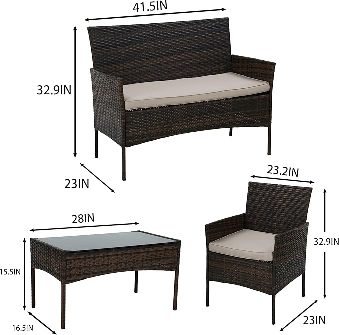 PayLessHere 4 Pieces Patio Furniture Set Rattan Outside Furniture Wicker Sofa Garden Conversation Sets with Soft Cushion and Glass Table for Yard Pool or Backyard,Brown