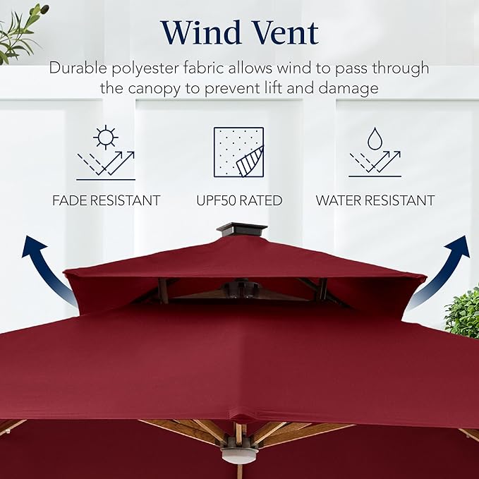 Best Choice Products 10ft Square Cantilever Patio Umbrella w/Base Included, Woodgrain Pattern Pole & Solar LED Lights, 360-Rotation, Offset Hanging Outdoor Shade