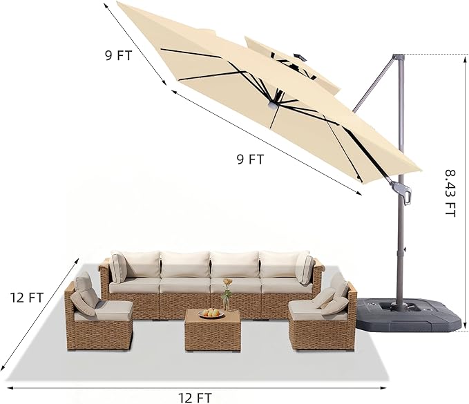 JZAC & QZYD 9x9 FT Outdoor Cantilever Patio Umbrella with Base Included and Solar LED Lights, Large Heavy Duty 2-Tier Square Aluminum Offset Umbrellas with 360-Degree Rotation for Pool Deck, Beige