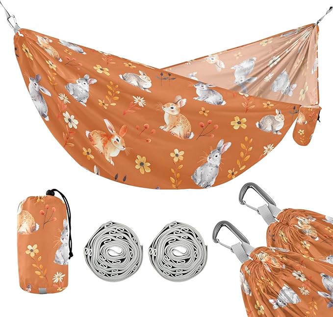 Camping Hammock Outdoor Hammocks for Outside Bunny Rabbit Orange Cute Beach Trees Portable Lightweight with Pockets Tree Straps Indoor