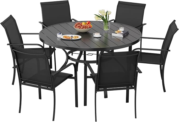 7-Piece Patio Dining Set,6 Person Outdoor Table and Chairs Set, 6 Metal Dining Chairs and Round Outdoor Table with 1.57" Umbrella Hole,Black
