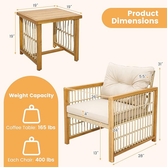 HAPPYGRILL 3 Pieces Patio Furniture Set, PE Wicker Conversation Set with Soft Seat & Back Cushions, Stable Acacia Wood Frame, Outdoor Sofa Set for Backyard, Porch, Poolside
