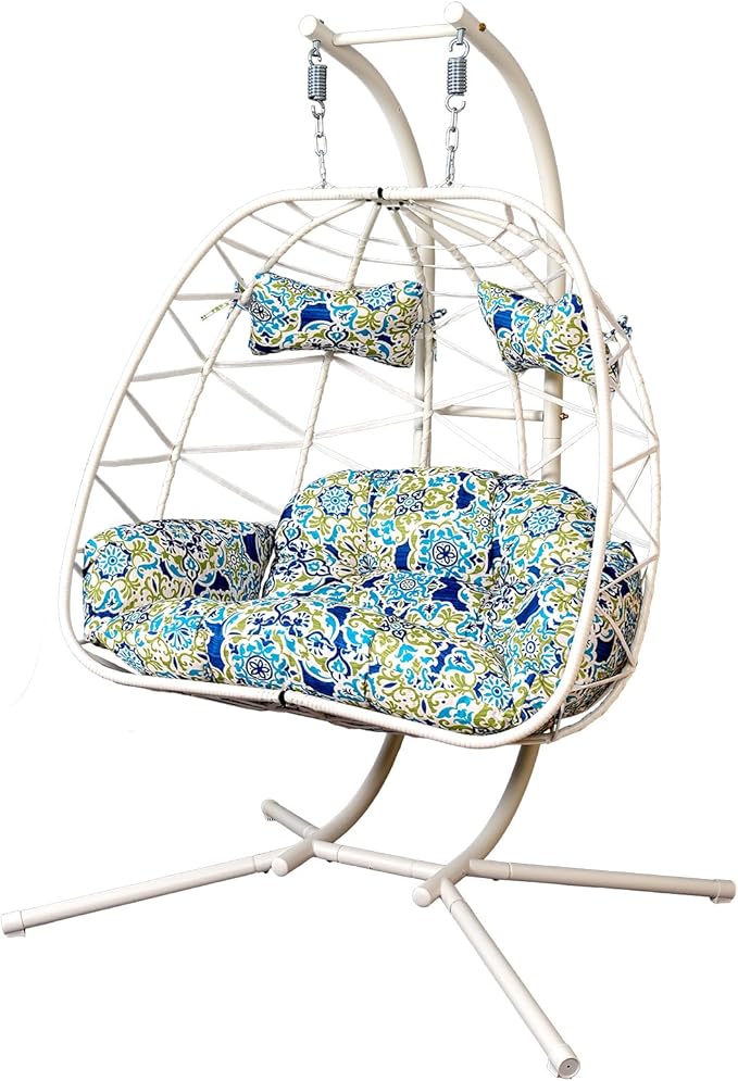 Double Egg-Shaped Hammock Chair with Stand Swing Egg Chair, Wicker Hanging Chair with Washable Cushion Sturdy Metal Stand, 600lbs Capacity for Indoor Outdoor Patio Living Room Etc(White+Morocco Dream)