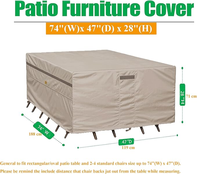 600D Heavy Duty Waterproof Patio Furniture Covers UV Resistant Rectangualr Outdoor Table and Chair Covers 74" Wx 47" D x 28" H Beige