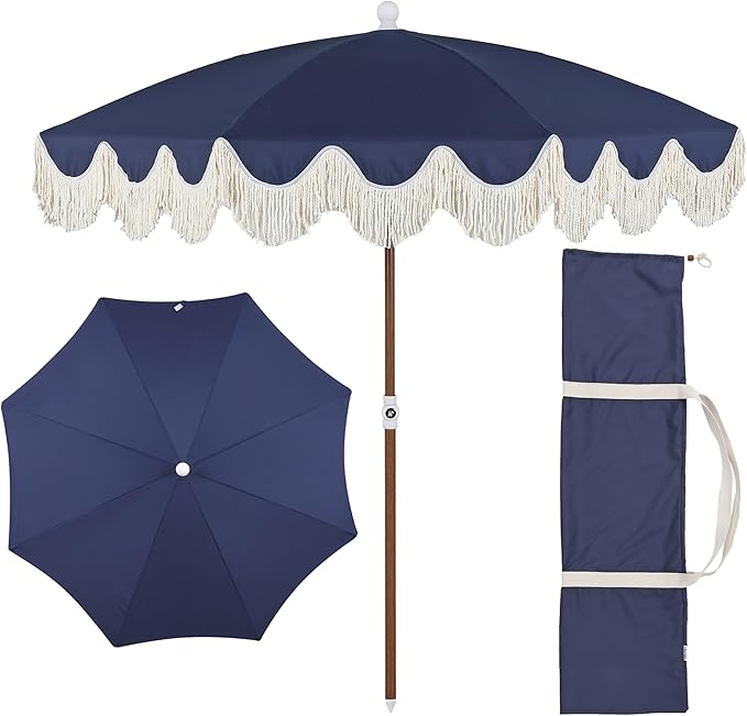 JONATHAN Y Mariner 6.5 ft. Beach Umbrella, Navy Solid with Fringe, Push-Button Tilt, UPF 50+ Sun Protection and Carrying Bag for Patio and Pool, Dark Brown Wood-Finish Pole UMB1005I