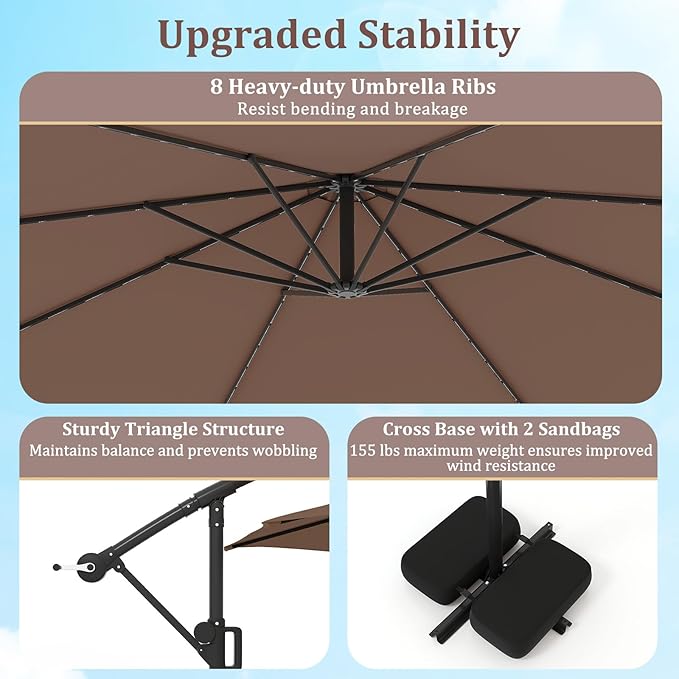 HAPPYGRILL 10 FT Offset Hanging Umbrella with Multi-Colored Flowing LED Lights, 9 Light Modes, Outdoor Patio Cantilever Umbrella with Base, Easy Tilt, 360° Rotation, Crank