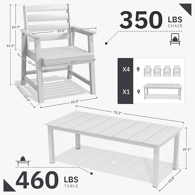 AreShark 5-Piece Outdoor Dining Set,HDPE Patio Table with 4 Chairs,All-Weather Patio Furniture Set with Umbrella Hole,Low Maintenance Wood Grain Dining Set for Backyard,Garden,Poolside,White