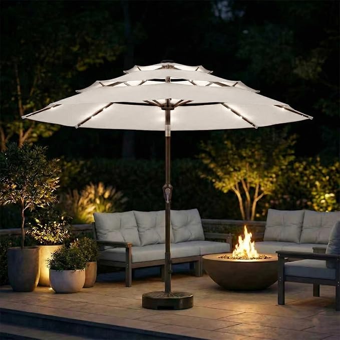 10ft 3-Tier Patio Umbrella with 32 Solar Powered LED Lights, Windproof Outdoor Market Umbrella for Deck, Poolside & Garden, Sturdy Push-Button Tilt Table Umbrella, Creamy White