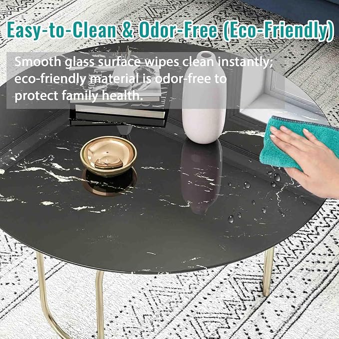 24 Inch Round Black Marble Glass Table Top, 8mm Thick Tempered Glass Tabletop for Dining Tables, Coffee Tables, Patio Tables