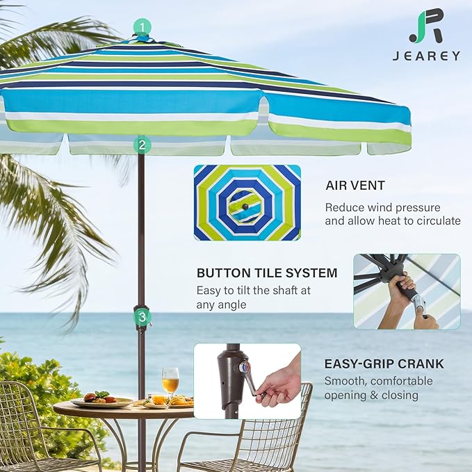 JEAREY 9 FT Patio Umbrella Outdoor, Table Umbrellas Market Umbrella w/Push Button Tilt/Crank, 8 Sturdy Ribs(Blue Green Striped)