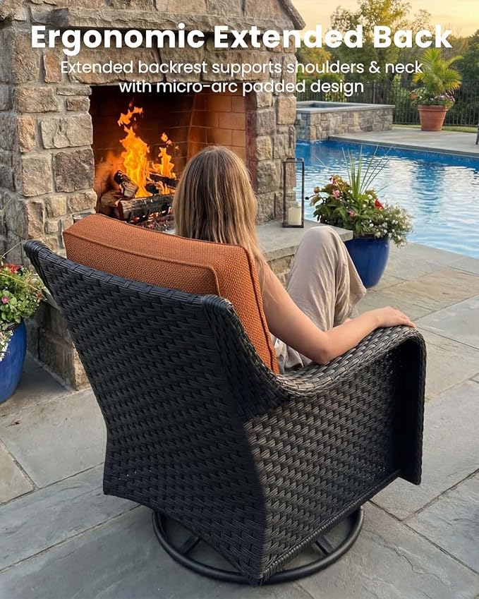 7 Pieces Outdoor Furniture Set with 6-inch Cushions, High Back Wicker Swivel Rocker Chairs with Fire Pit Table, Luxury Conversation Set for Deck Patio and Poolside