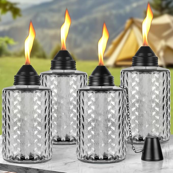 Table Torch Canister 4 Pack, 12oz Glass Citronella Torches Outdoor Lighting, Refillable Tabletop Torch Includes Wick & Cap for Outside Patio & Backyard Parties Décor (Black)