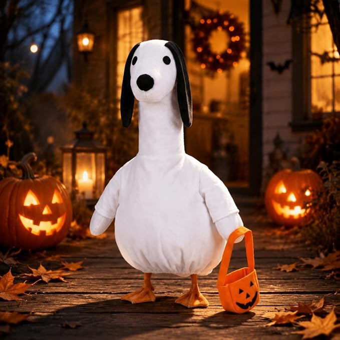 Halloween Porch Goose Outfit Ghost Dog Clothes for 23" High Cement or Plastic Goose Costume for Yard Lawn Outdoor Garden Patio Duck Statue Decor Halloween Puppy Ghost Costume Trick or Treat Decor