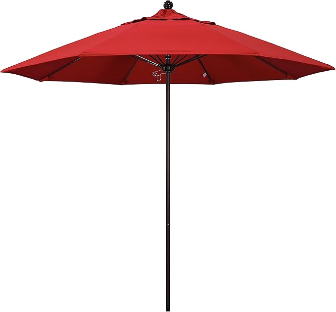 California Umbrella 9' Round Aluminum/Fiberglass Umbrella, Push Open, Bronze Pole, Sunbrella Jockey Red