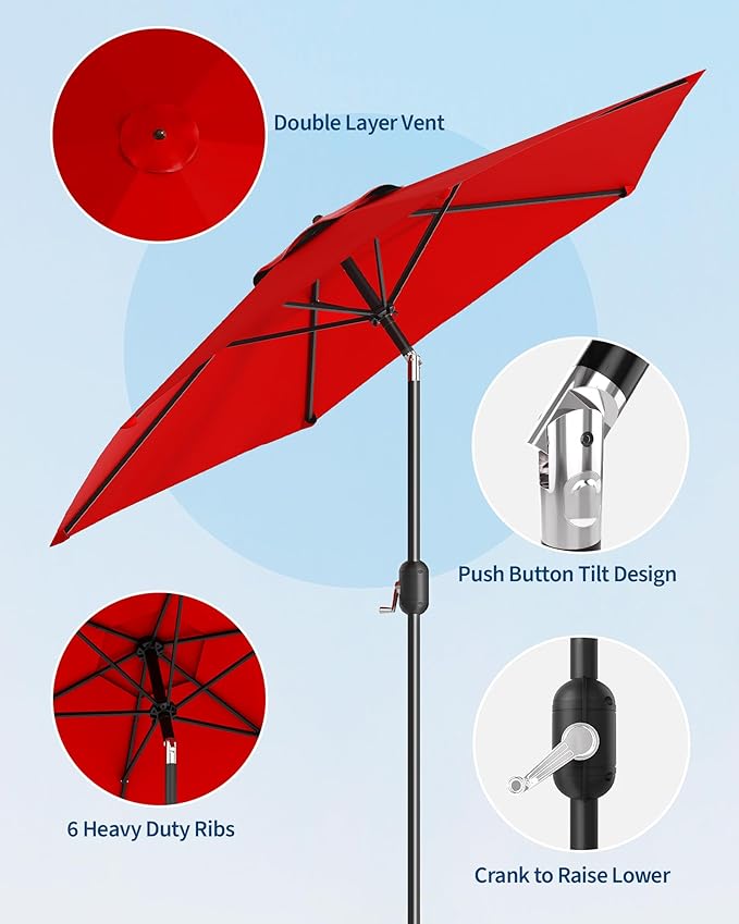 GarveeLife Outdoor Patio Umbrella, Table Market Umbrella with Push Button Tilt and Crank, 8 Sturdy Ribs UV Protection Waterproof for Garden, Deck, Backyard, Pool
