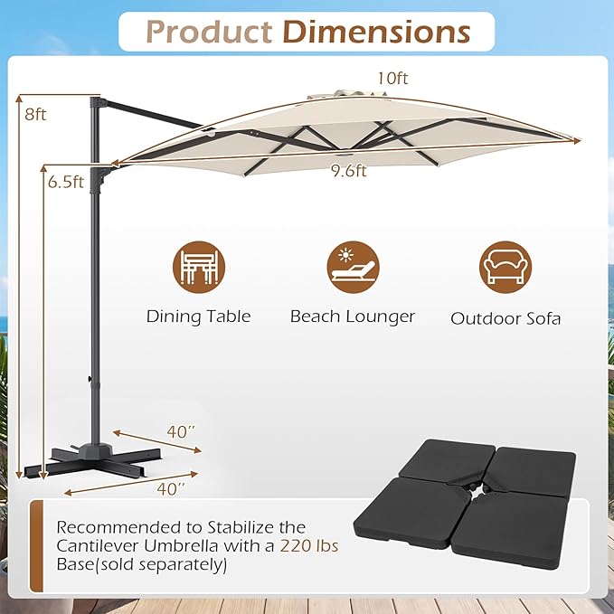 Tangkula 10FT Patio Umbrella, Offset Cantilever Outdoor Umbrella with 360 Degree Rotation, Air Vent, Cross Base for Pool Deck Garden Backyard (Beige)