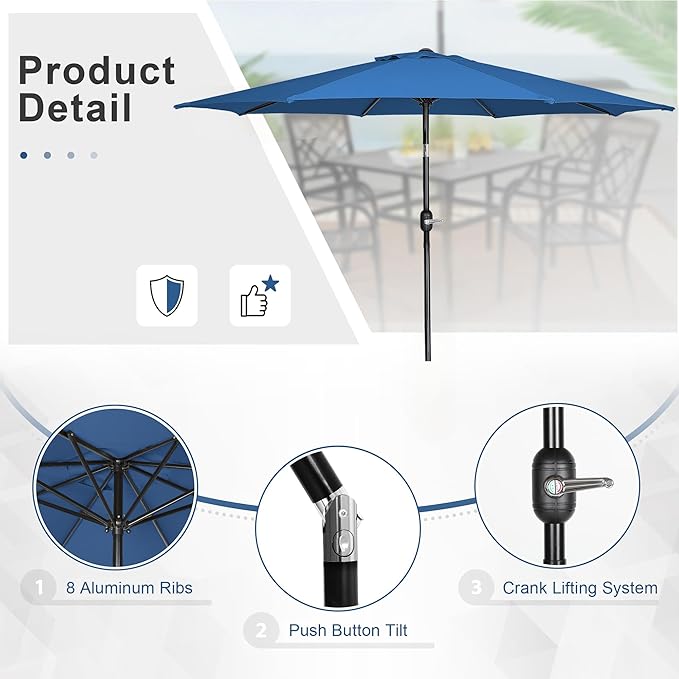 Crownland 7 Piece Patio Dining Set, Outdoor Textilene Dining Sets, 6 Textilene Metal Chairs and Rectangular Outdoor Dining Table with Dark Blue 9FT Round Outdoor Umbrella (Grey)