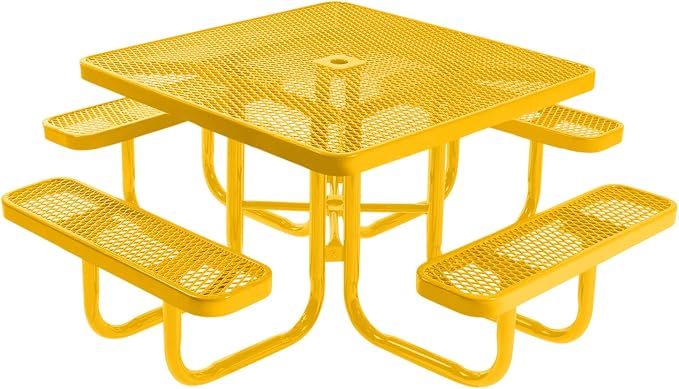 COATEDOUTDOORFURNITURE Heavy-Duty Portable Outdoor Picnic Table with Umbrella Hole, Expanded Metal Commercial-Grade Patio Furniture Made in America (46" Square Top, Yellow with Yellow Frames)