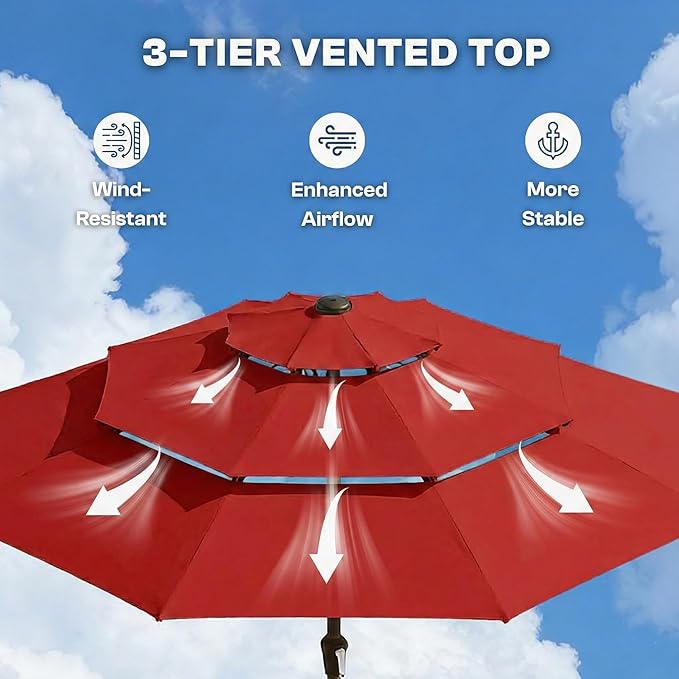 10ft 3-Tier Patio Umbrella with 32 Solar Powered LED Lights, Windproof Outdoor Market Umbrella for Deck, Poolside & Garden, Sturdy Push-Button Tilt Table Umbrella, Red