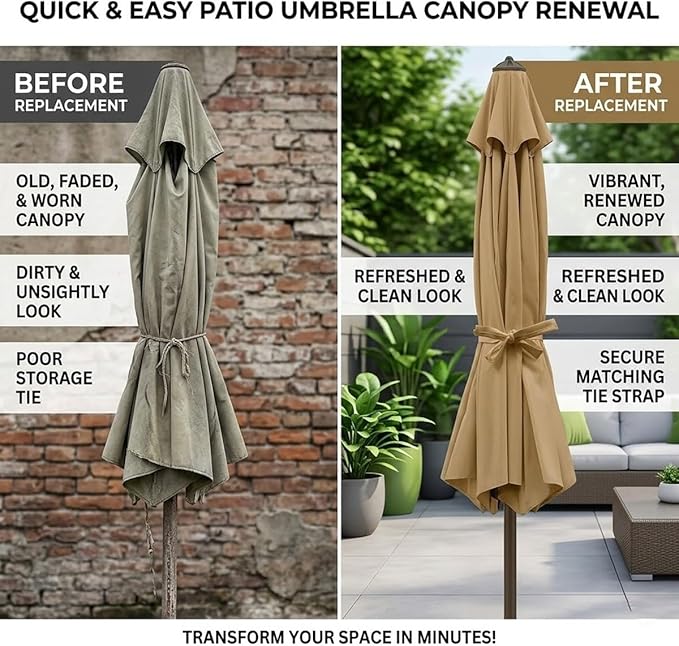 Patio Umbrella Replacement Canopy for 6/8 Ribs, Waterproof Outdoor Market Table Parasol Cover, 6.6ft 9 ft 10ft 13ft Umbrella Replacement Top Cover, Canopy Only