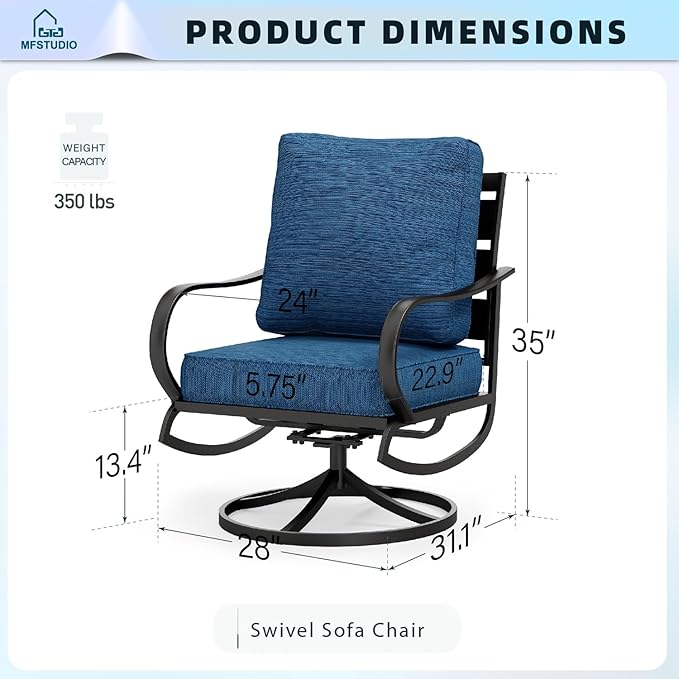 MFSTUDIO Metal Patio Conversation Sets, Outdoor Furniture Sofas Set of 2, 2 Pieces Durable Steel Frame Patio Swivel Chairs with 5.8" Peacock Blue Cushions for Patio Garden Backyard Balcony